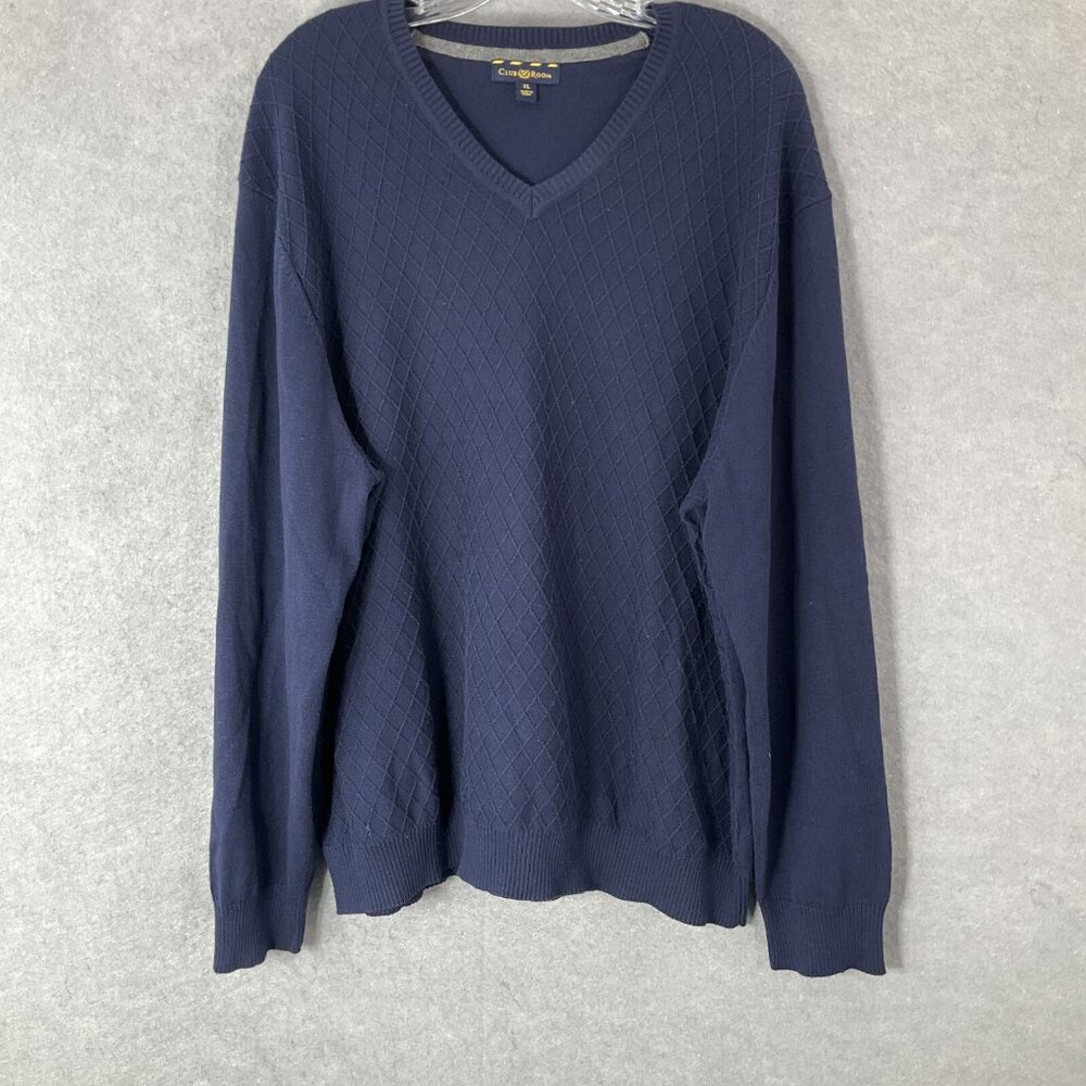 Club Room Mens XL Sweater V-Neck Blue Long Sleeve 100% Cotton‎ Knit Classic
